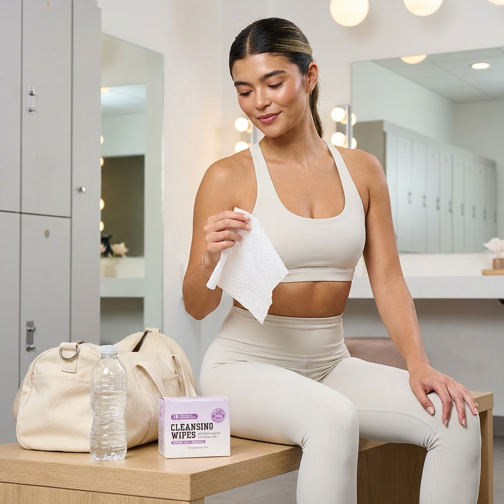 An active woman in a locker room holds a single PH Balancing Feminine Wipe, ready to refresh after the gym. Box is nearby.