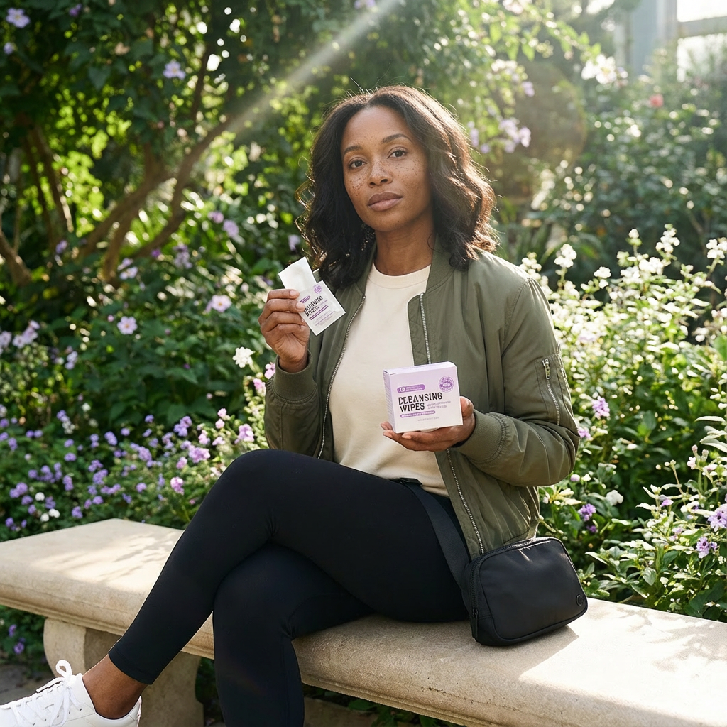 Woman on a sunny garden bench holding a PH Balancing Feminine Wipe - Soothing Aloe & Chamomile packet and box.