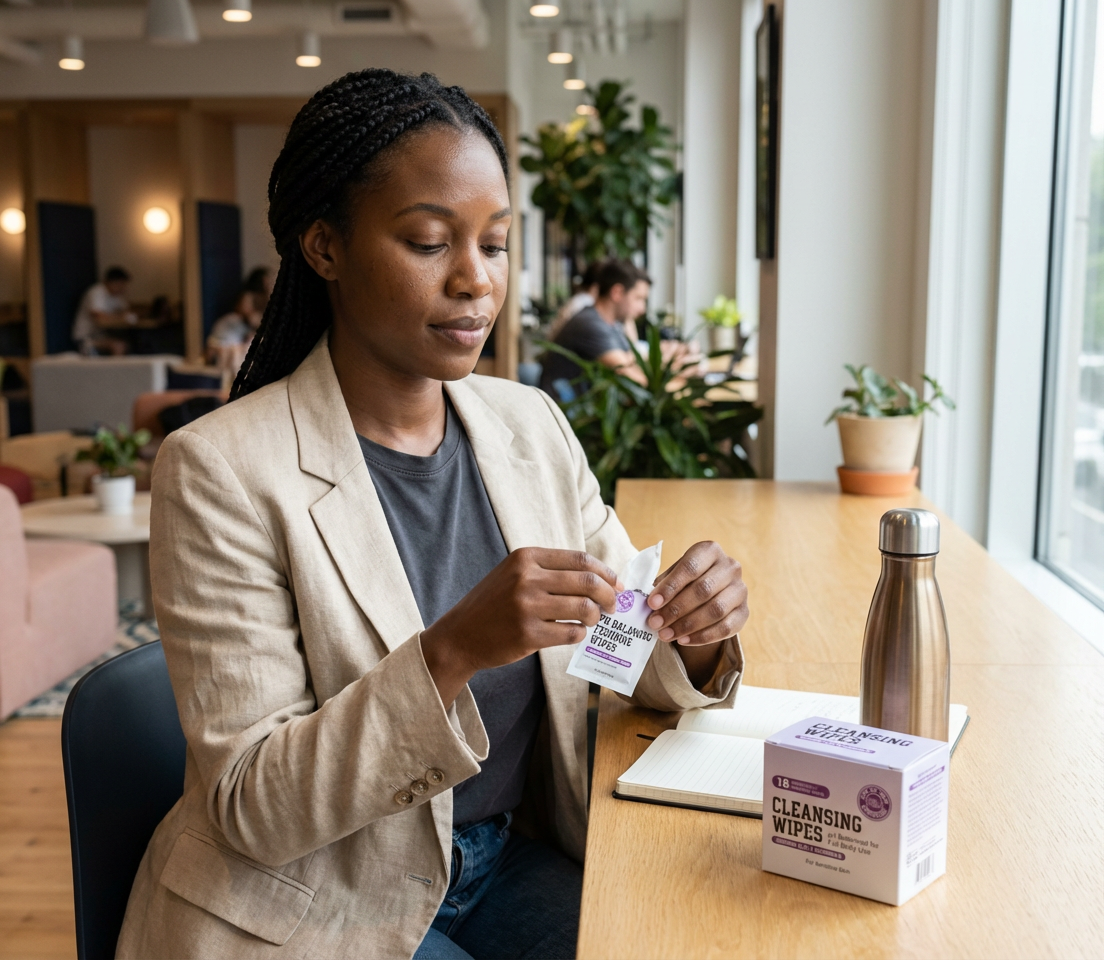 Woman in a blazer at a desk opening an individual packet of PH Balancing Feminine Wipes with the product box nearby.
