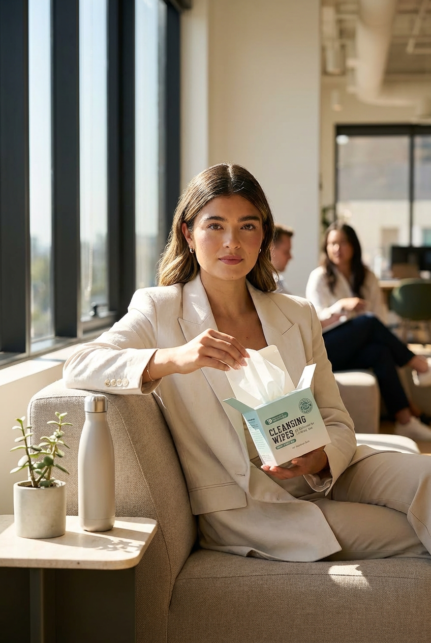 A woman uses pH YONI Balanced Feminine Cleansing Wipes - Minty Fresh Feel | The Mane Attraction in a modern lounge setting.