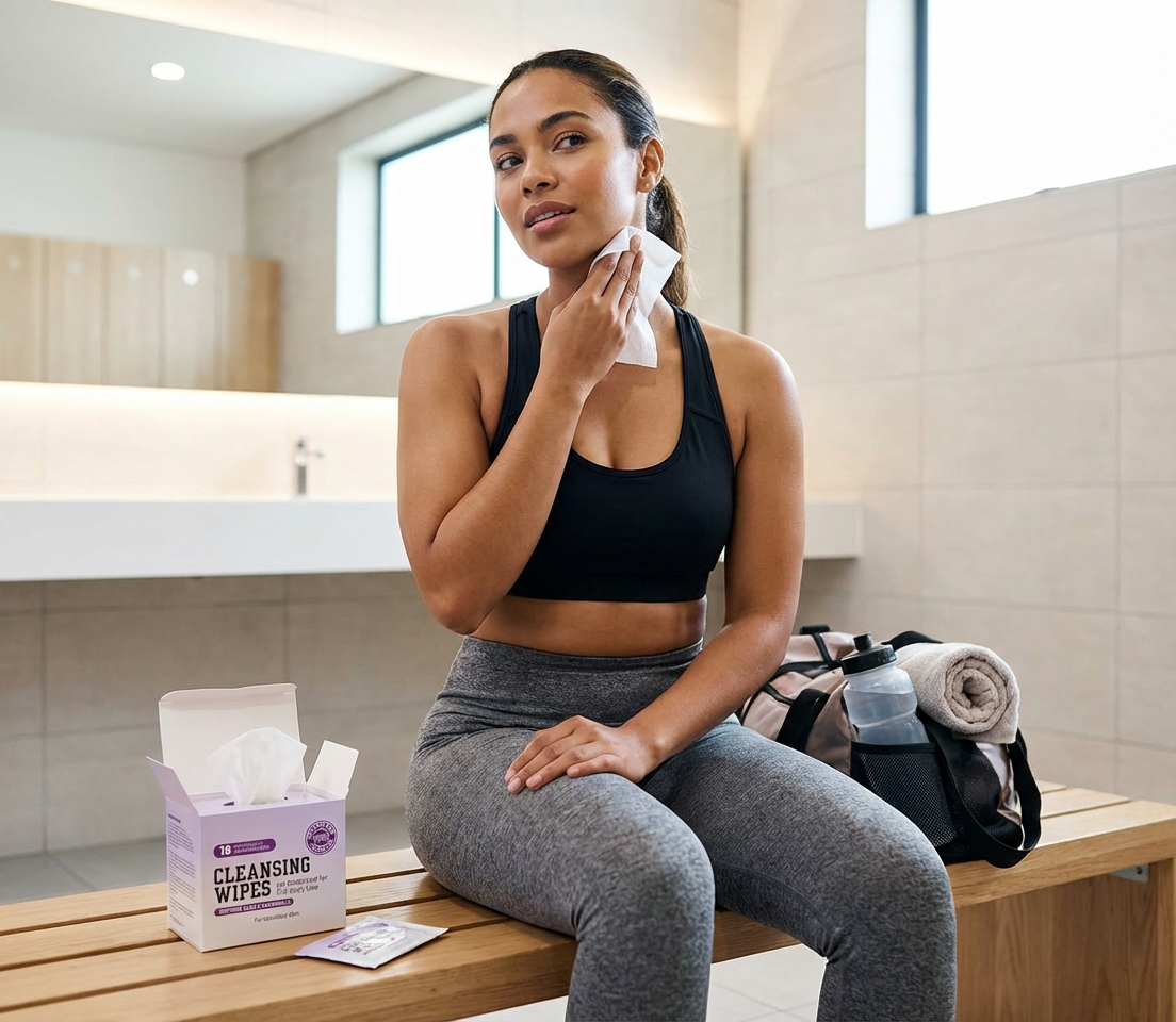 Woman in gym locker room uses a PH Balancing Feminine Wipe from the open box on the bench.
