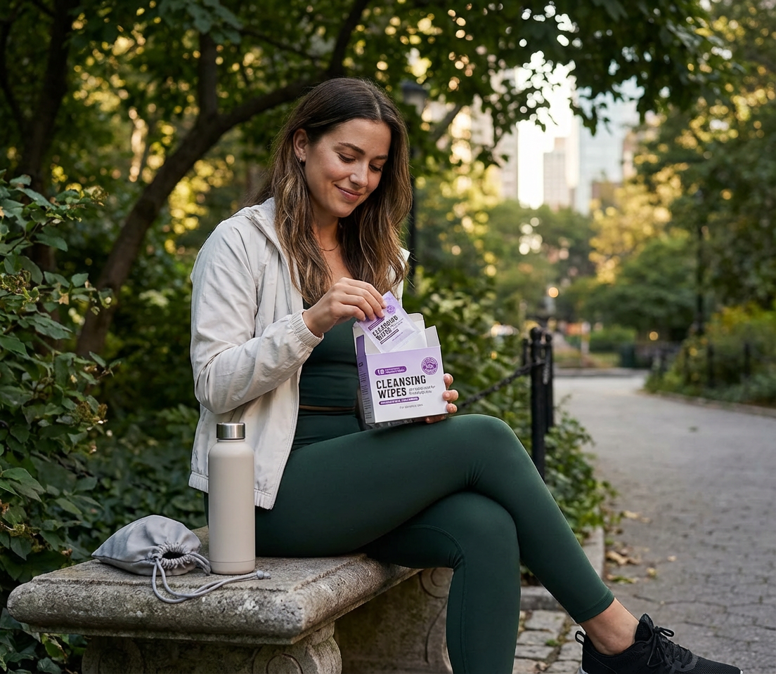 Woman sitting on a park bench using PH Balancing Feminine Wipes - Soothing Aloe & Chamomile for a confident refresh on the go.