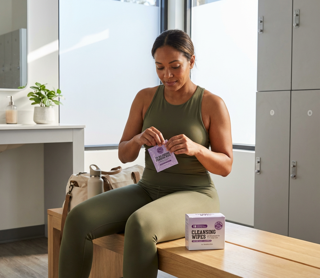 Woman in a locker room opening a PH Balancing Feminine Wipe for post-workout freshness. Mane Attraction box is on the bench.