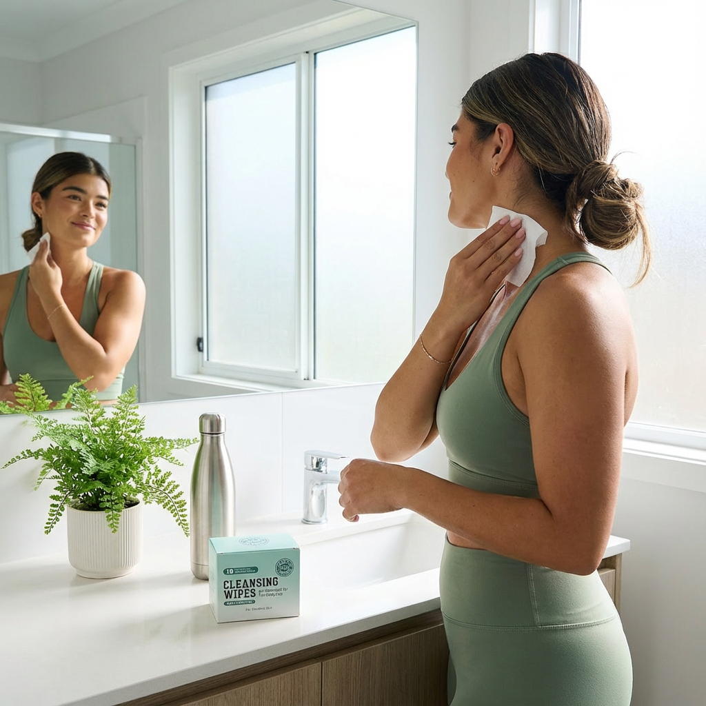 Woman uses The Mane Attraction pH Balanced Feminine Cleansing Wipes - Minty Fresh Feel for a post-workout refresh in a modern gym vanity.